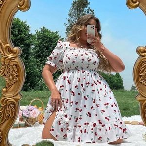 Plus Allover Cherry Frill Shirred Ruffle Hem Dress